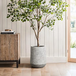 Potted tree with green leaves in a lightweight, durable MgO planter featuring a gray and white speckled texture, beside a wooden cabinet against a light paneled wall.