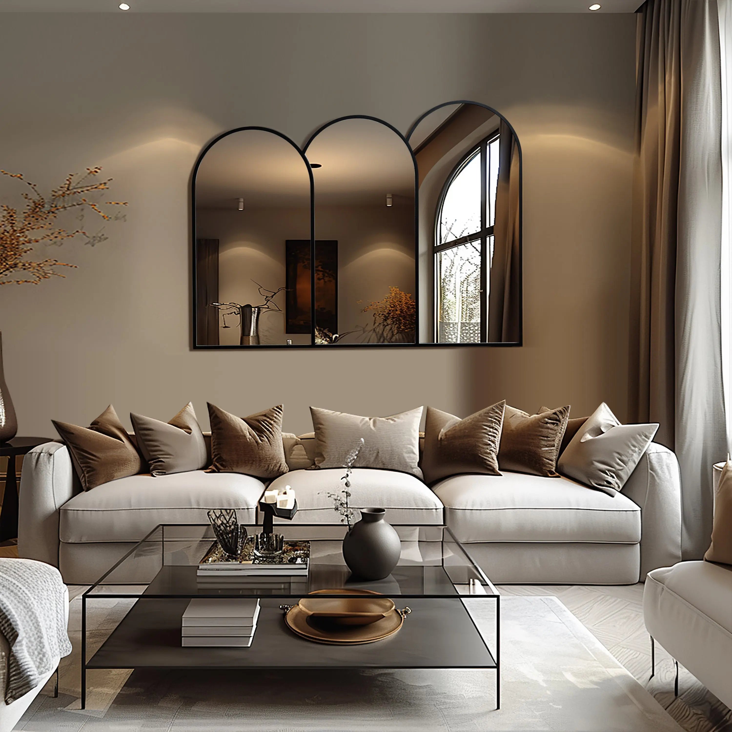 beautiful-black-metal-frame-arch-mirror-set-of-3-on-the-wall-in-the-living-room