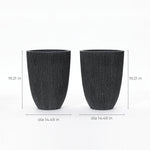 Two identical tall, black cylindrical planters with a concrete-textured finish stand at 19.21 inches in height and 14.49 inches in diameter. These planters are UV and weather-resistant, making them perfect for both indoor and outdoor use.