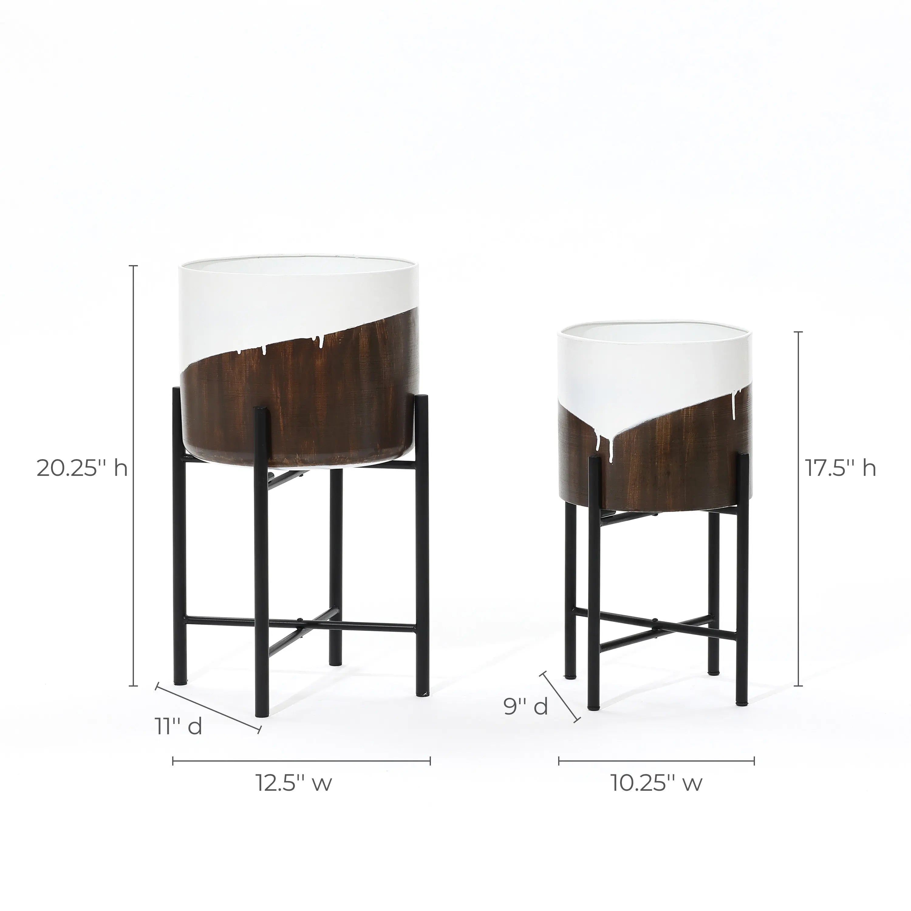 Two modern plant stands with unique dynamic visual effect and planter pots, one larger and taller than the other. Each stand boasts a black metal frame and features a pot with white and brown geometric design, making them perfect for your home decor.