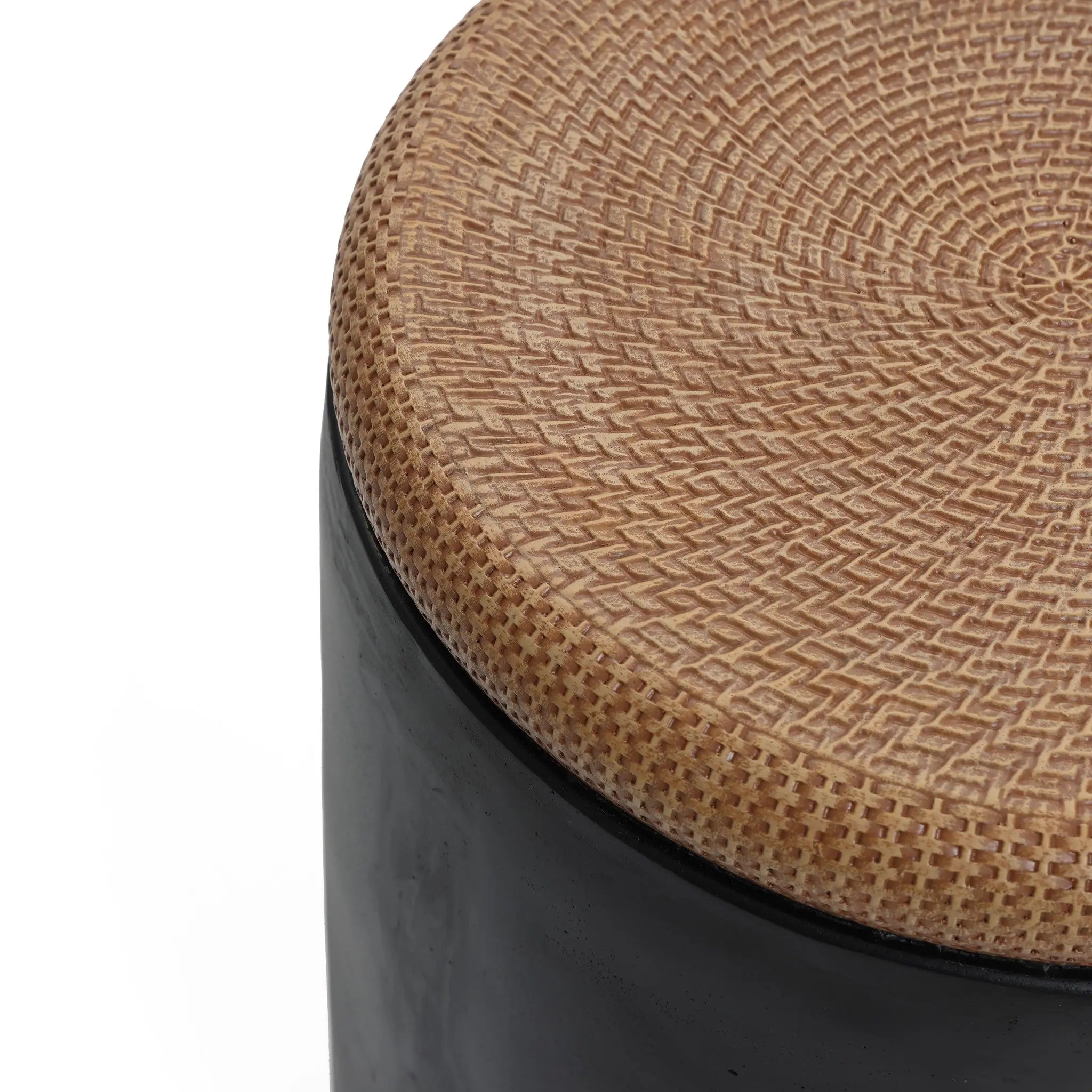 Black with Natural Rattan Finish Cement U-Shaped Base Outdoor Patio Side Table - LuxenHome