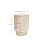 This wooden cylindrical stool, with its grooved texture and travertine-style finish, stands 18.7 inches tall and measures 13.39 inches in diameter. It effortlessly complements both indoor and outdoor aesthetics for versatile styling options.