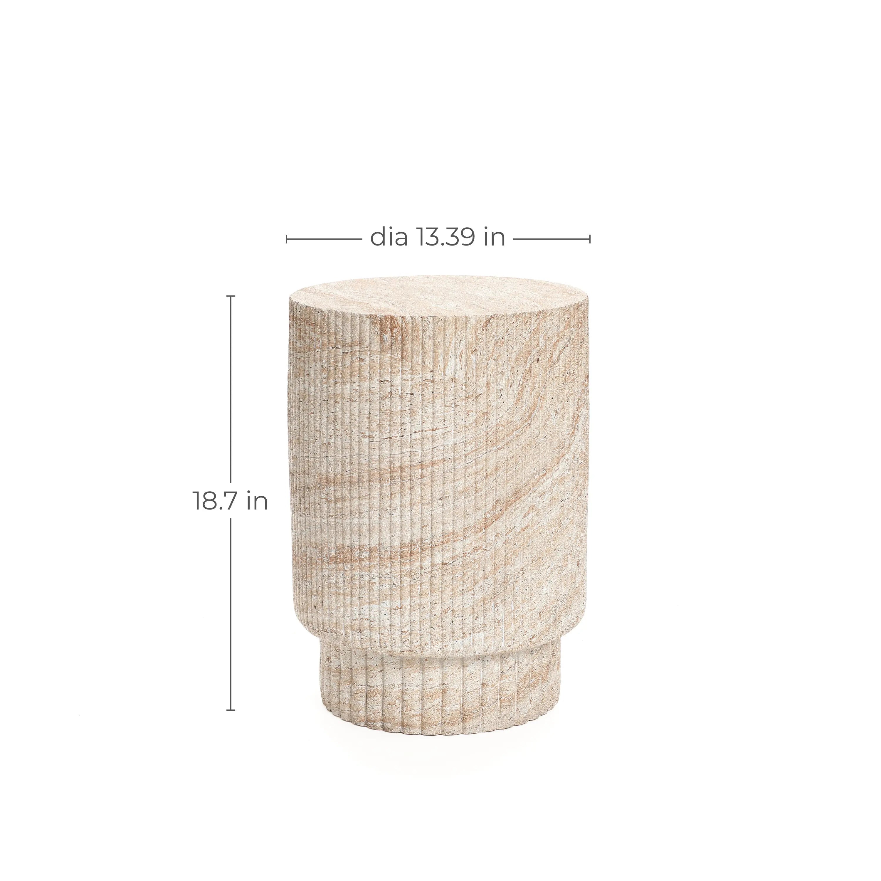 This wooden cylindrical stool, with its grooved texture and travertine-style finish, stands 18.7 inches tall and measures 13.39 inches in diameter. It effortlessly complements both indoor and outdoor aesthetics for versatile styling options.