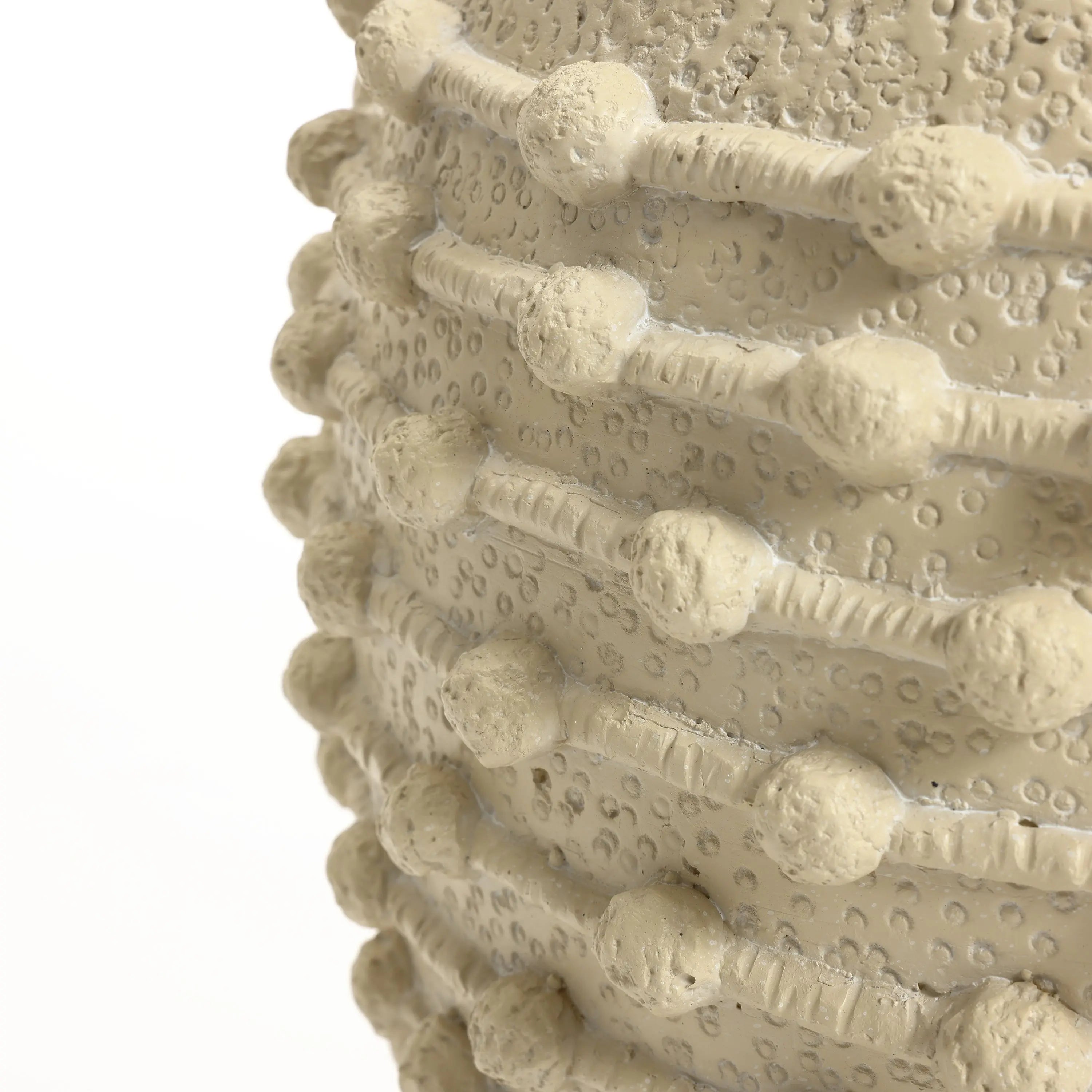 Close-up of a textured, tan-colored ceramic surface with an array of raised circular bumps in a linear pattern, reminiscent of the intricate detailing on a boho planter that would grace any outdoor space.