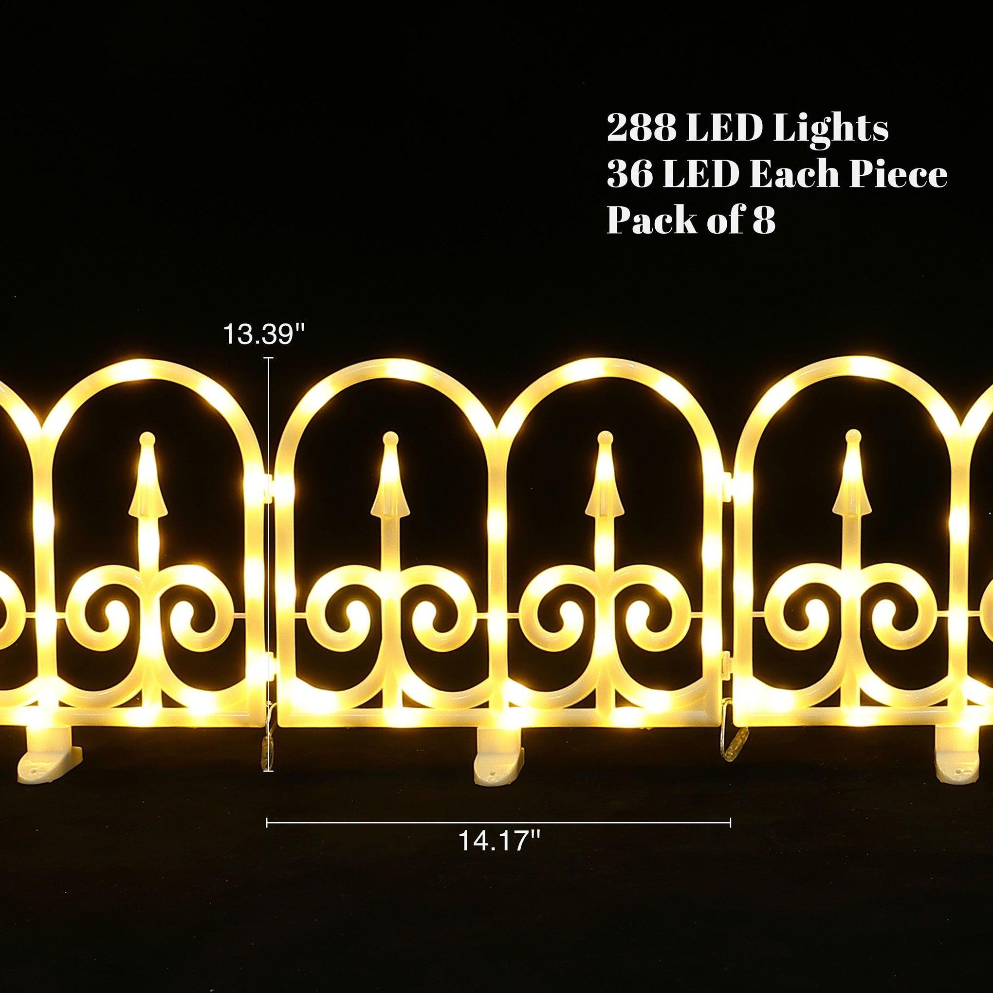 Arched fence with warm leds, each piece 13.39" H ,14.17" W;includes 8 pieces,288 total leds.