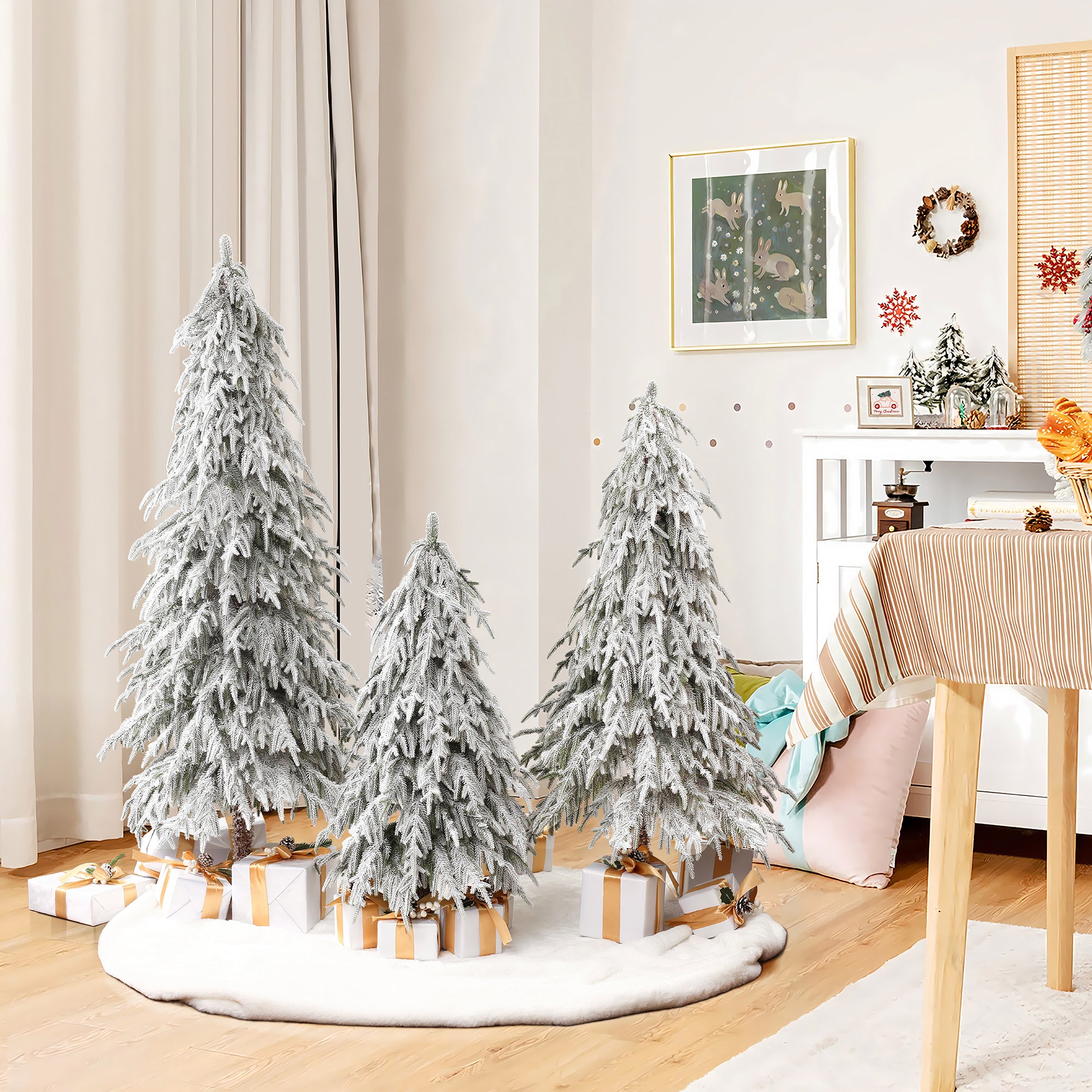 Living room decor for christmas with snow-flocked cedar trees, wrapped gifts underneath, ,festive winter on the walls , table.