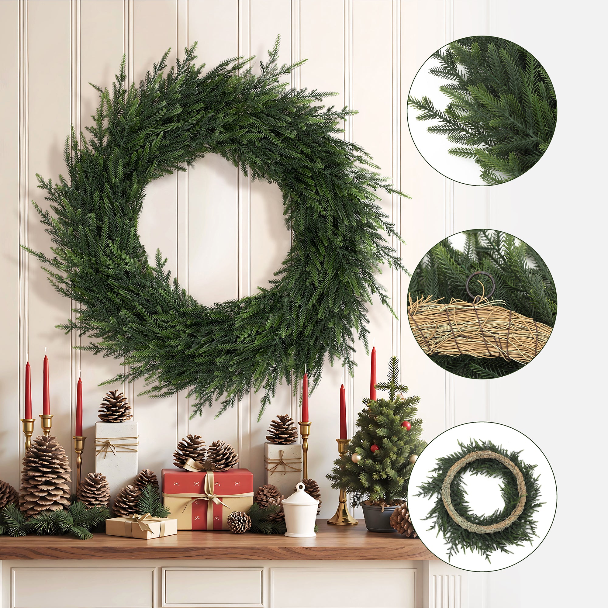 Artificial wreath hangs on a white wall above a mantel decor with candles, pinecones, wrapped gifts, small christmas tree.