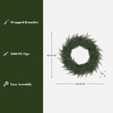 Green artificial wreath with dense PE tips, 35.43'' dia, 7.87'' D, featuring wrapped branches,easy assembly.