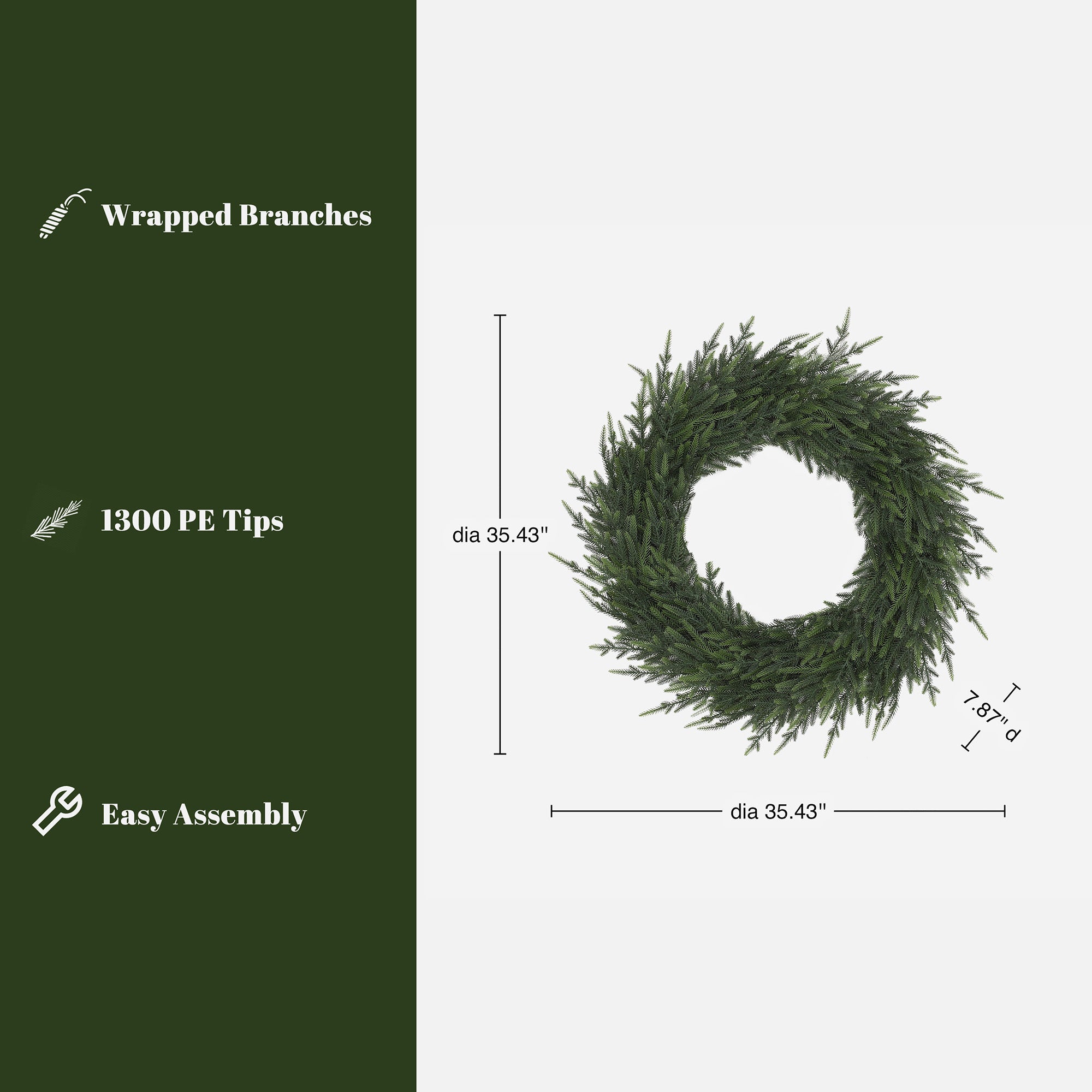 Green artificial wreath with dense PE tips, 35.43'' dia, 7.87'' D, featuring wrapped branches,easy assembly.