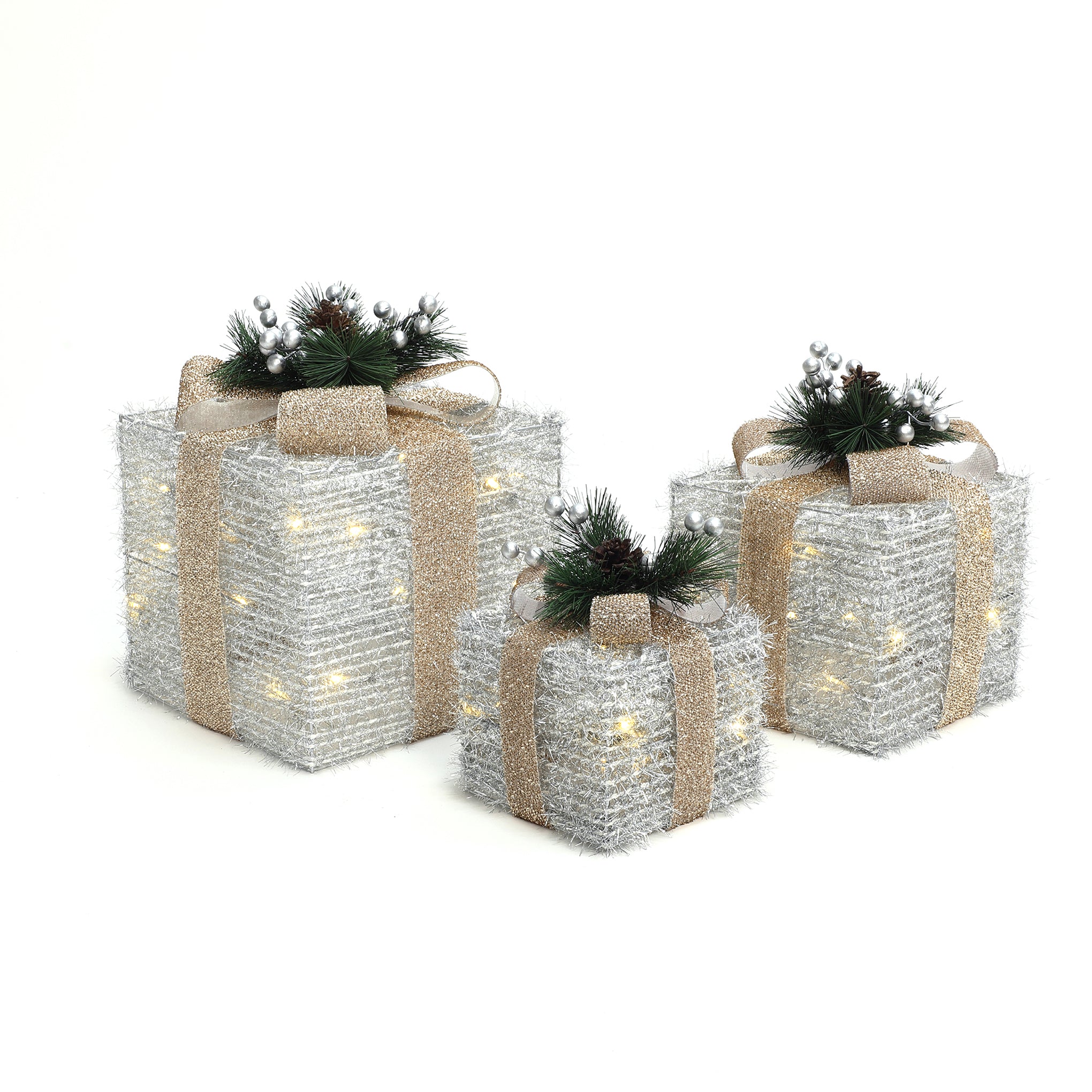 3 glittery pre-lit holiday decor silver tinsel gift boxes with gold ribbons, decor with pine branches ,berries.