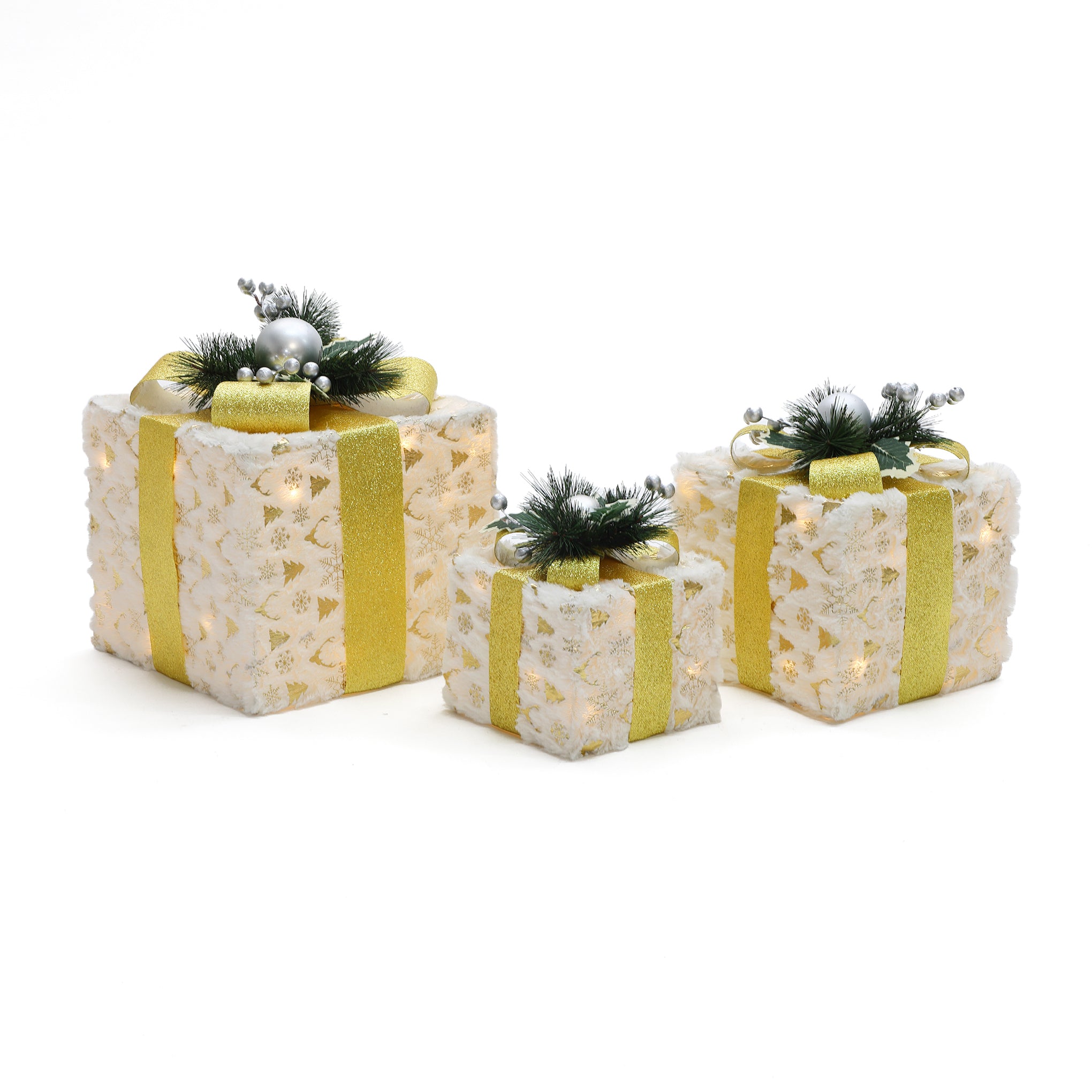 3 glittery pre-lit holiday decor silver tinsel gift boxes with gold ribbons, decor with pine branches,berries.