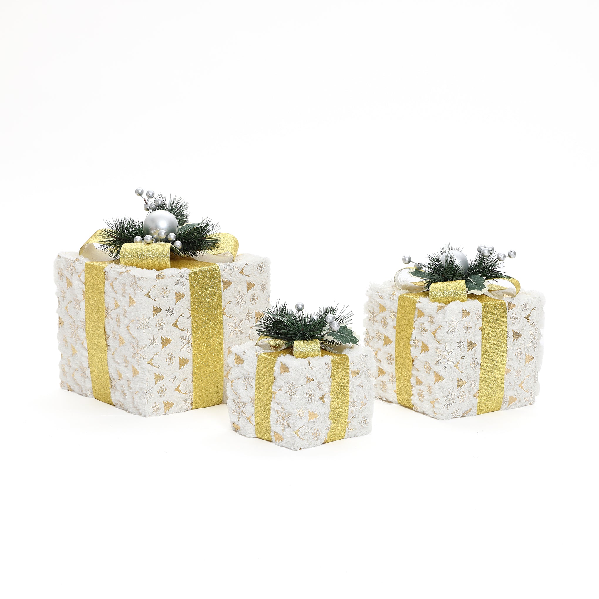 3 decor gift boxes with white lace, gold ribbon, greenery toppers are arranged on white background.