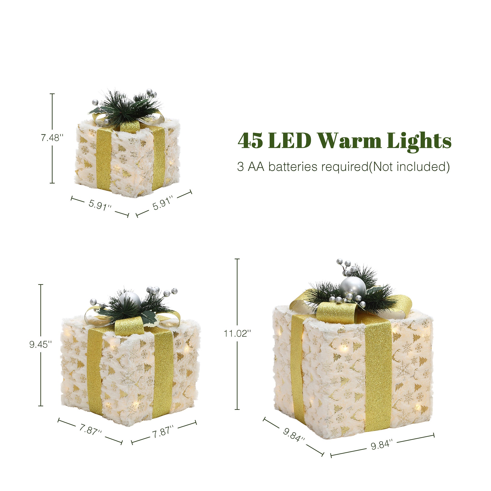 3 pre-lit silver tinsel gift boxes with lights, pine, ,ribbon accents with size ,battery .