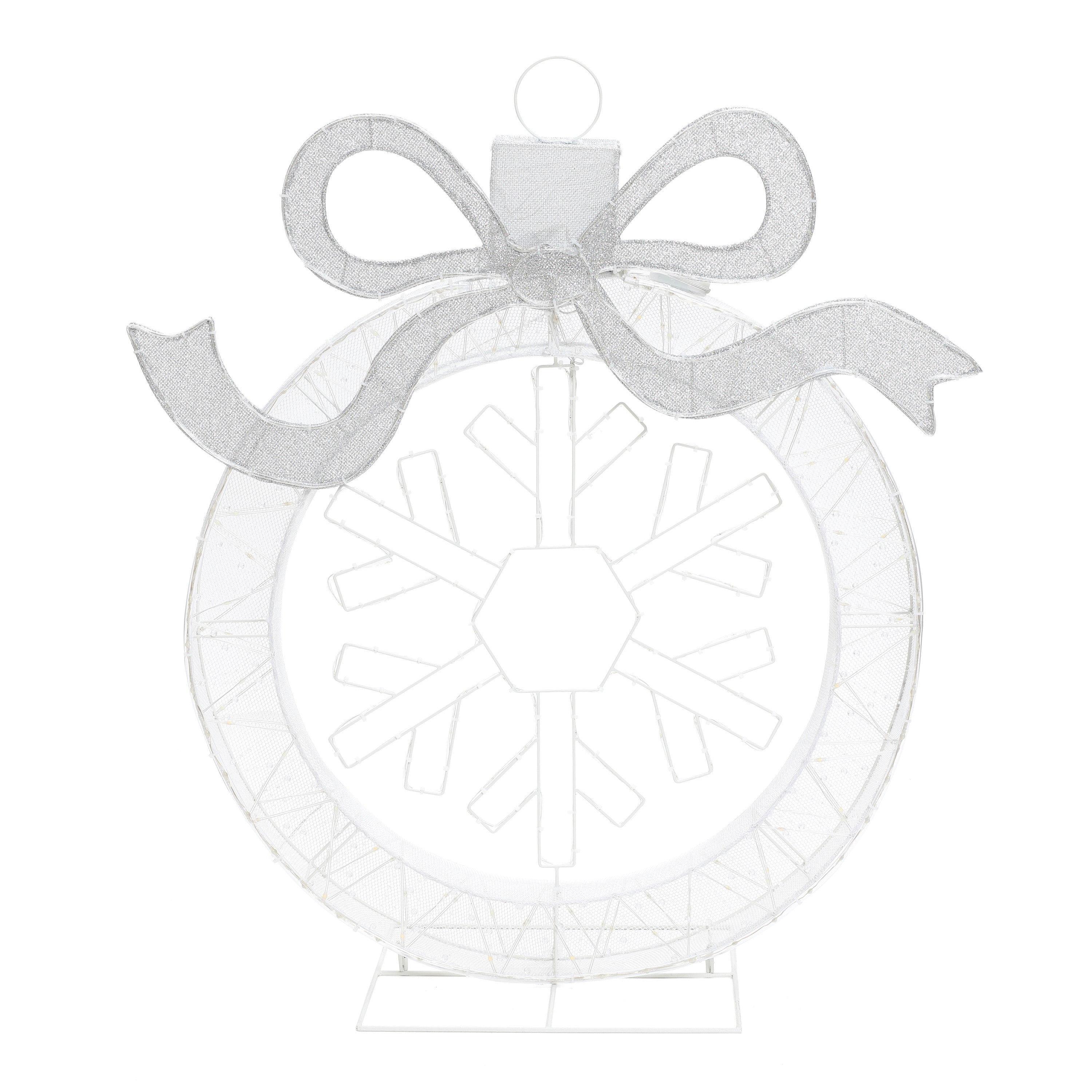 Clear ornament shaped as christmas tree bauble with large silver bow on top ,snowflake with led wreath.