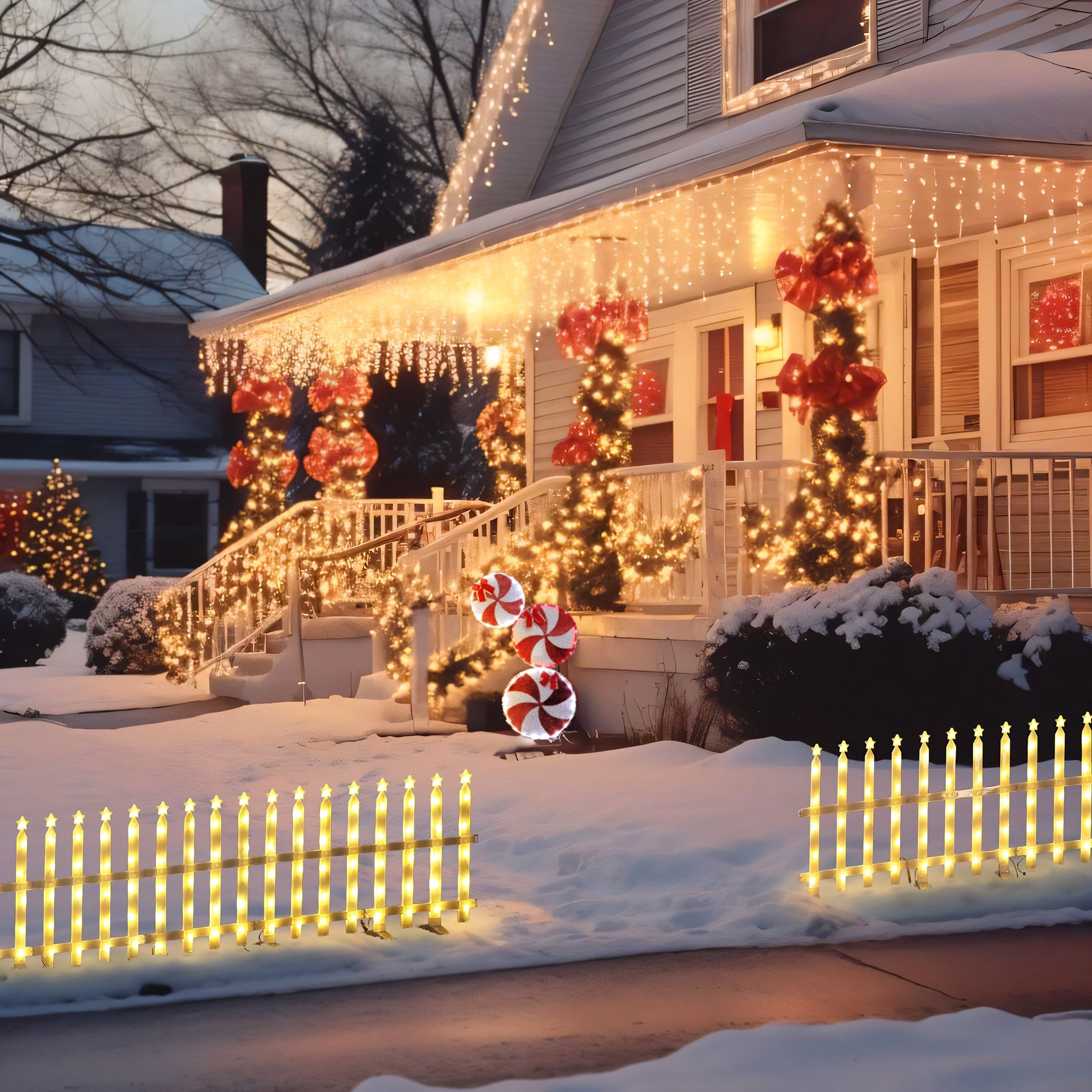 House decor with holiday lights, bows, with snow on the ground ,festive fence light decor the walkway.