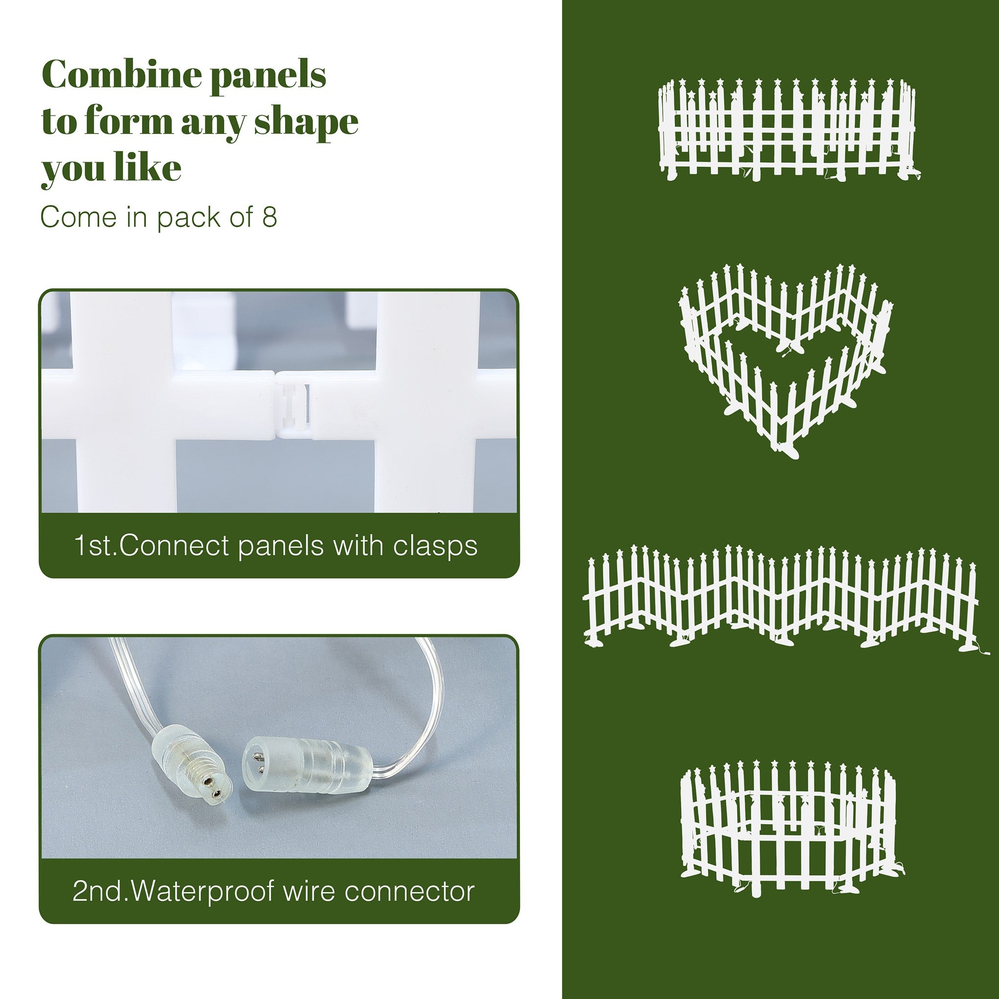 Instructions for assembling white plastic fence panels, text describing panel combination, waterproof wire connector.