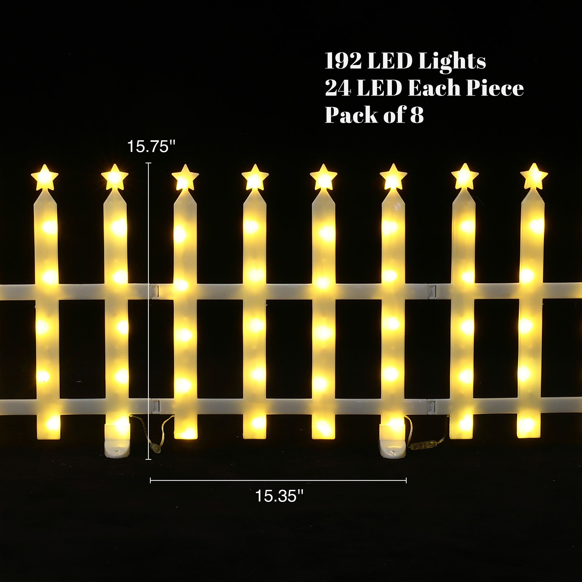 This star-topped fence decor, featuring 192 yellow led lights, each of the 8 sections measures 15.75"H, 15.35"W.