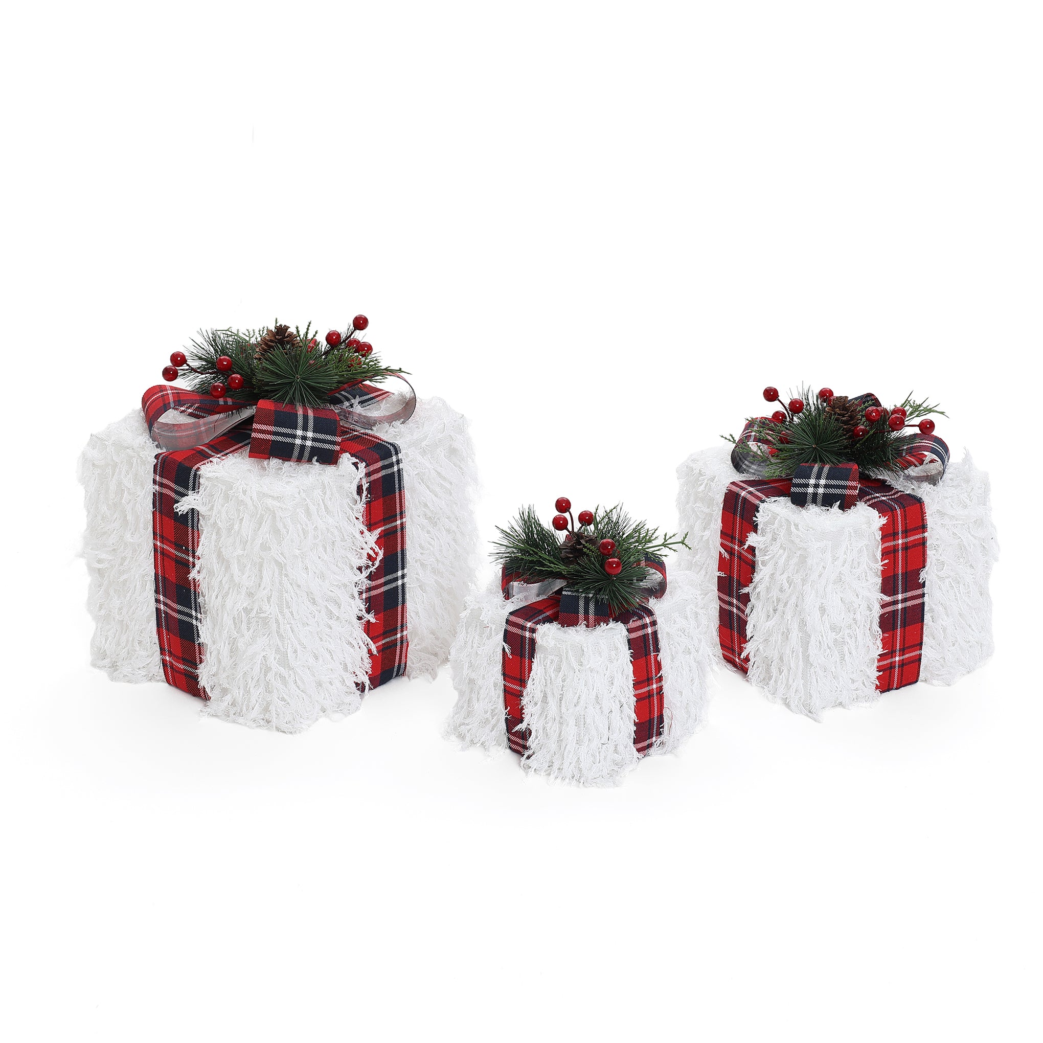 3 decor white holiday gift boxes with faux fur texture, plaid ribbon, pine, leaves, red berries.