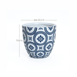 Modern ceramic planter with blue circular patterns, crafted from durable MgO material. Measuring 12.2 inches in diameter and 11.8 inches in height, its perfect for showcasing your favorite blooms while adding a stylish touch to any space.