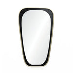 A trapezoidal mirror with a black frame and white edge, offering distortion-free viewing against a white background, adds a contemporary touch to any space.
