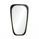 A trapezoidal mirror with a black frame and white edge, offering distortion-free viewing against a white background, adds a contemporary touch to any space.