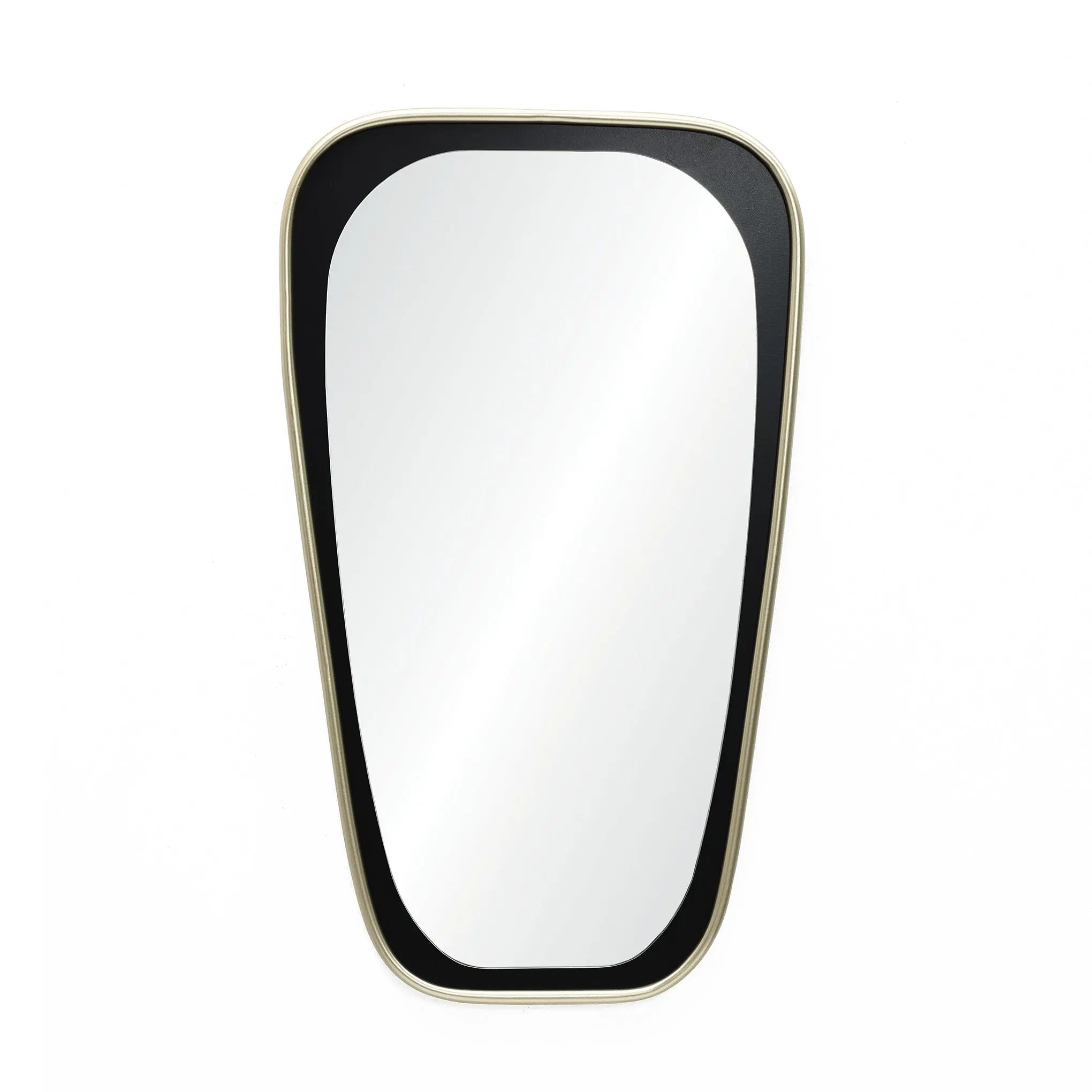 A trapezoidal mirror with a black frame and white edge, offering distortion-free viewing against a white background, adds a contemporary touch to any space.