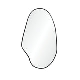 Irregularly shaped mirror with a sleek black frame, exuding a modern aesthetic on a plain white background.