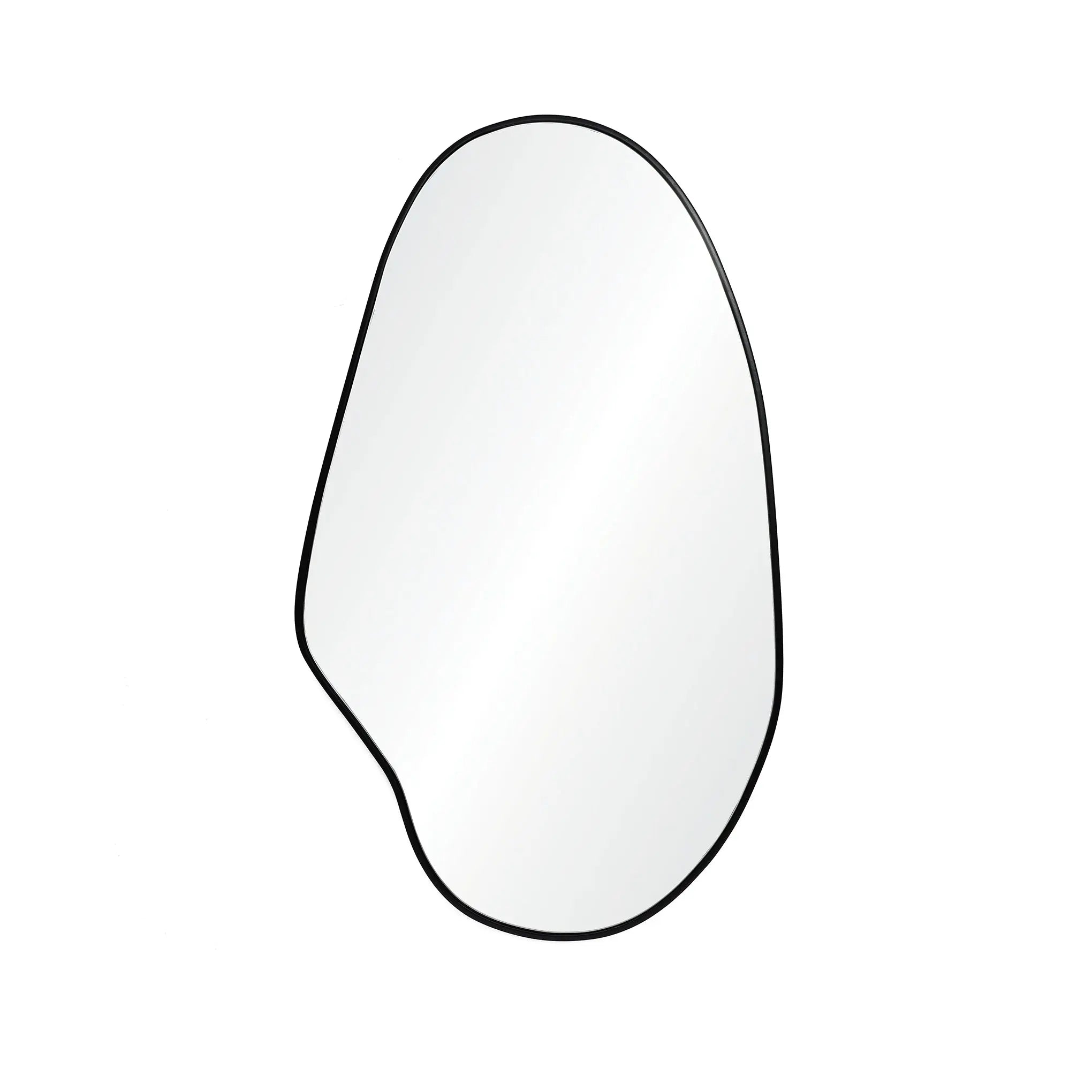 Irregularly shaped mirror with a sleek black frame, exuding a modern aesthetic on a plain white background.