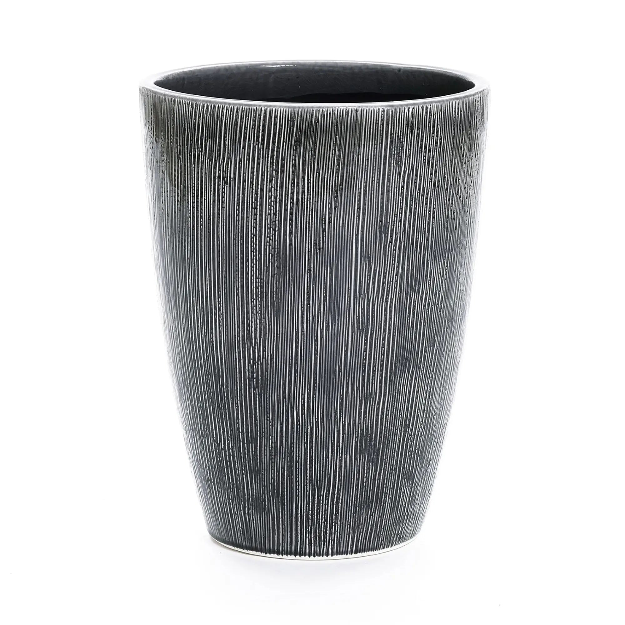 The LuxenHome Sea Gray Ripples Glazed Tall Ceramic Planter stands 17 high, showcasing an elegant design with a wood grain-like textured surface and vertical black-and-white stripes for a modern flair against its plain white background.
