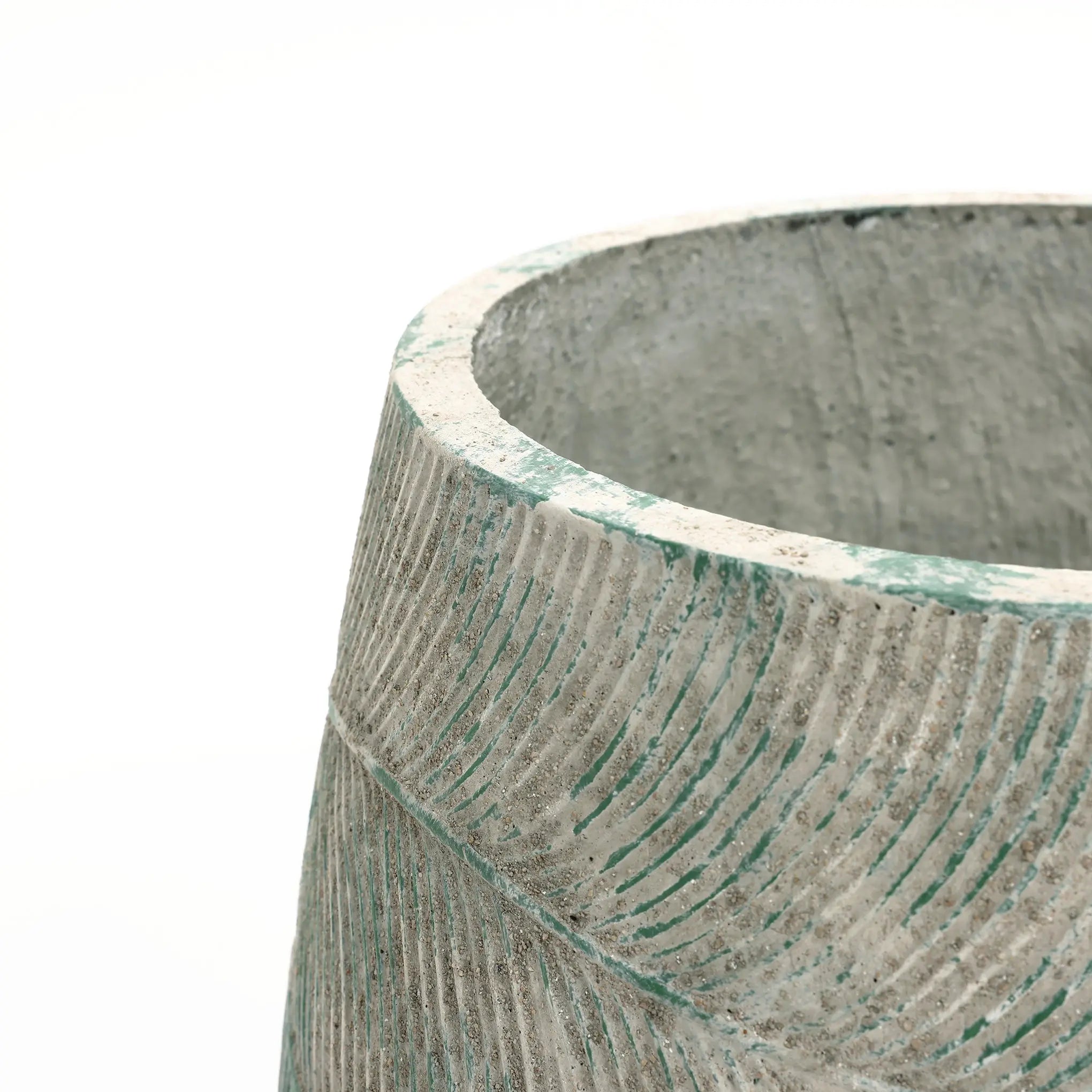 The LuxenHome Rustic Multi-Color Cement 18.3-Inch Round Planter features a textured, cylindrical design with greenish markings and a smooth top edge, making it a standout piece against a plain white background for those seeking unique decor.