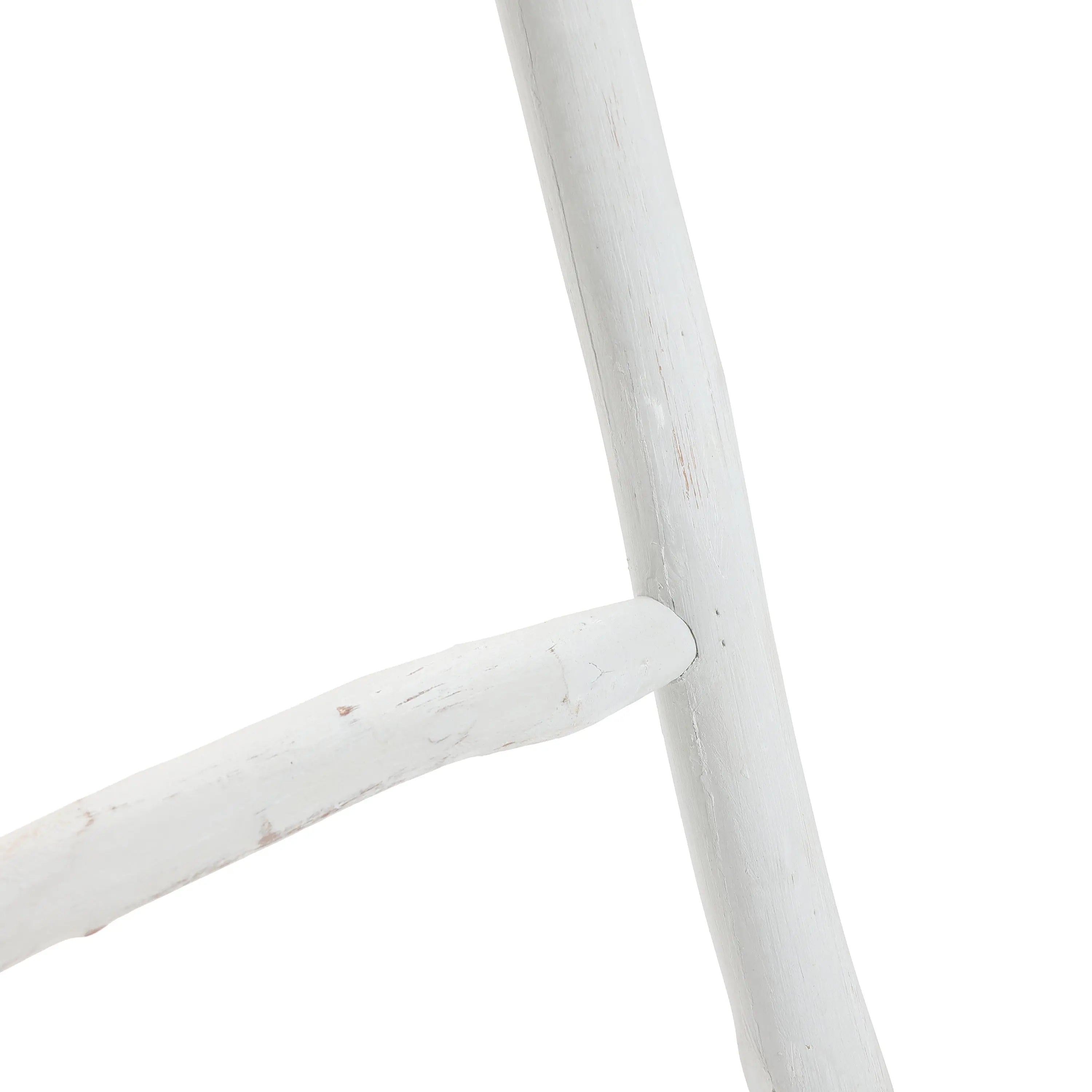 Close-up of a rustic charm blanket ladder made from white fir wood, showcasing two intersecting rungs against a white background.