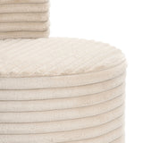 Close-up of the LuxenHome Brie camel swivel barrel accent chair, featuring plush beige upholstery with a ribbed texture. Its cylindrical design, highlighted by horizontal lines and soft fabric, offers a cozy and modern look.