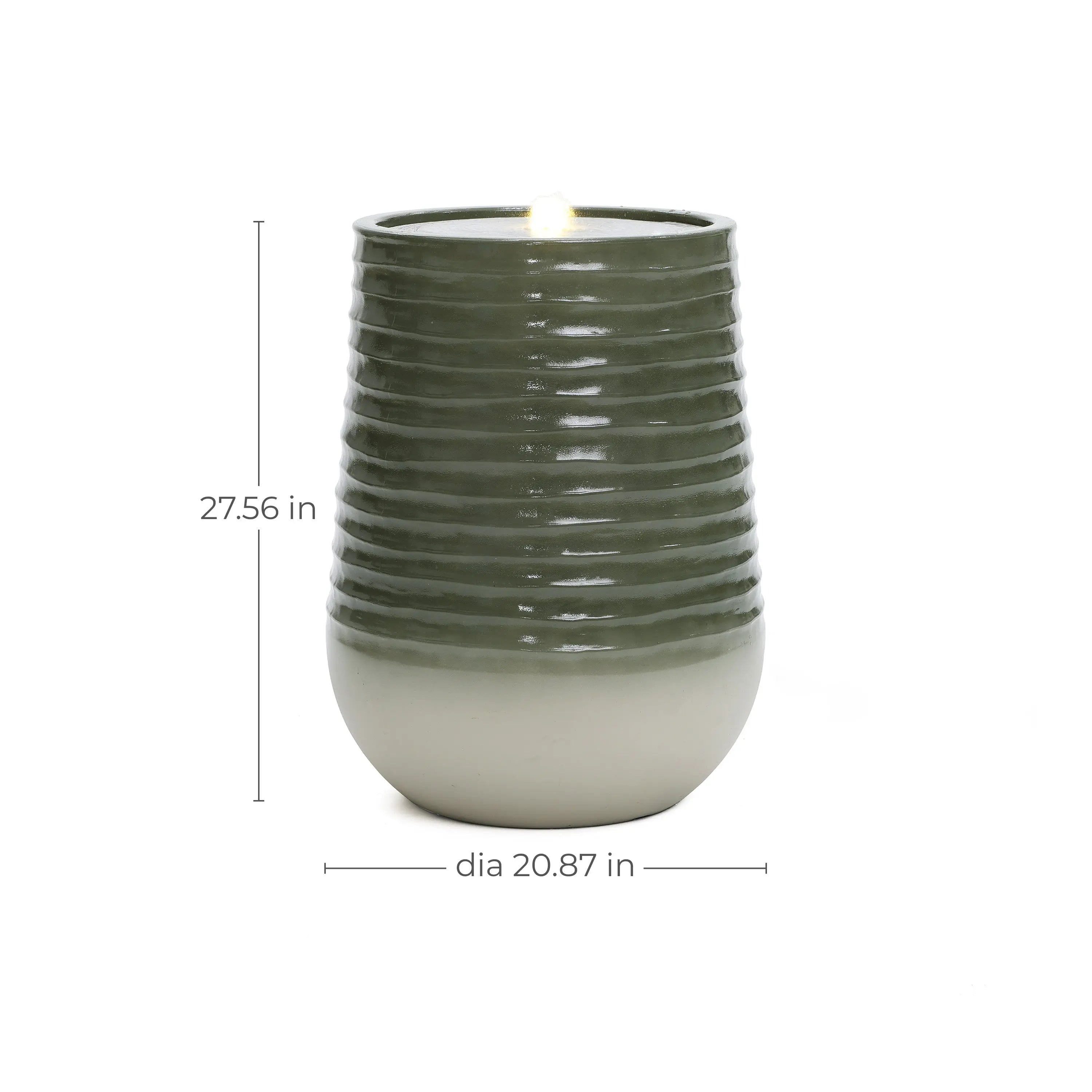 This green and white ribbed ceramic vase, featuring a modern ribbed design, holds a candle within its 27.56-inch height and 20.87-inch diameter.
