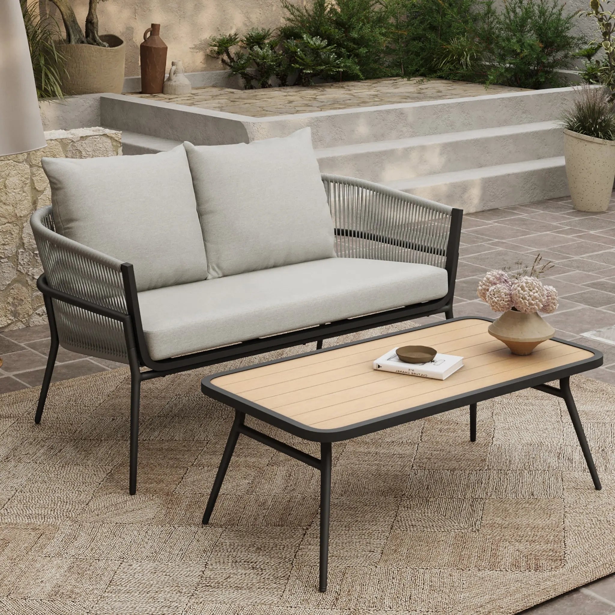 Ventura outdoor aluminum with PE rope loveseat & coffee table set - LuxenHome