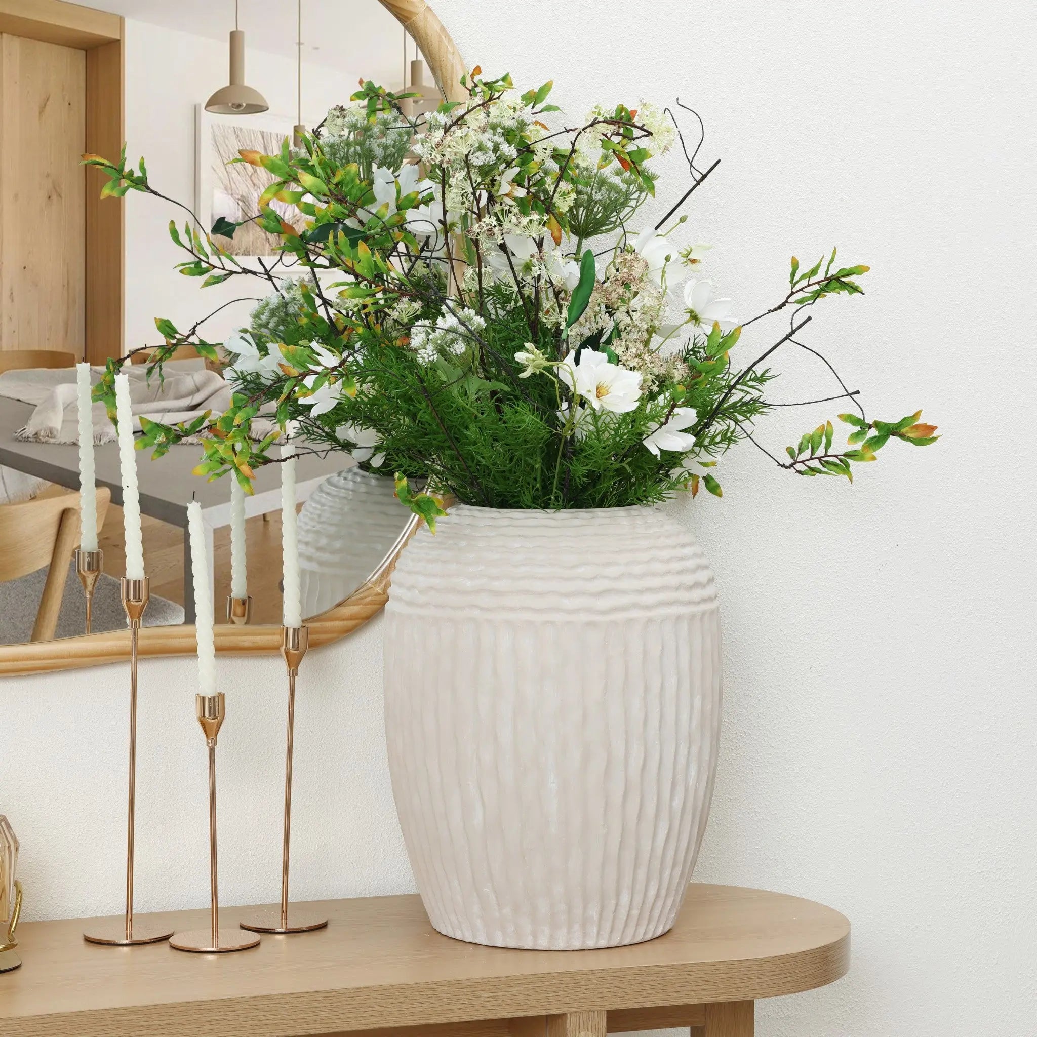 Beige ribbed round MgO Vase, 15.2'' h - LuxenHome