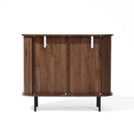 The LuxenHome Aria 2-door tambour accent cabinet showcases a dark oak finish with vertical panels. Its tambour doors add elegance, and slim black legs offer sturdy support against a plain white background.