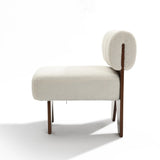 The LuxenHome Lorenzo boucle upholstered wood frame armless accent chair features a white, textured cushion seat and semicircular backrest. With four wooden legs, it exudes mid-century allure in a minimalist design against a plain white background.