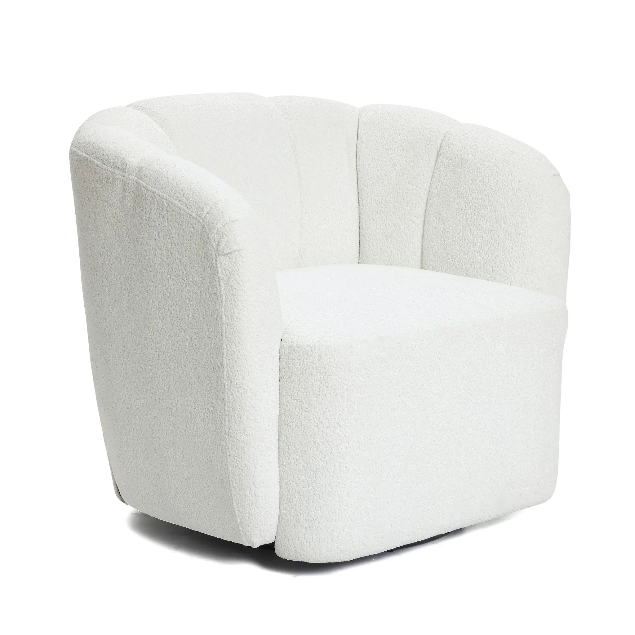The Amber ivory boucle swivel barrel accent chair by LuxenHome features a plush curved backrest and seamless design with no visible legs, elegantly poised against a plain backdrop.
