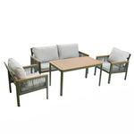 Outdoor patio furniture set with a wooden table, two armchairs, and an outdoor loveseat sofa. The chairs and loveseat have plush light gray cushions and greenish frames made from durable aluminum alloy, ensuring long-lasting enjoyment in your backyard oasis.