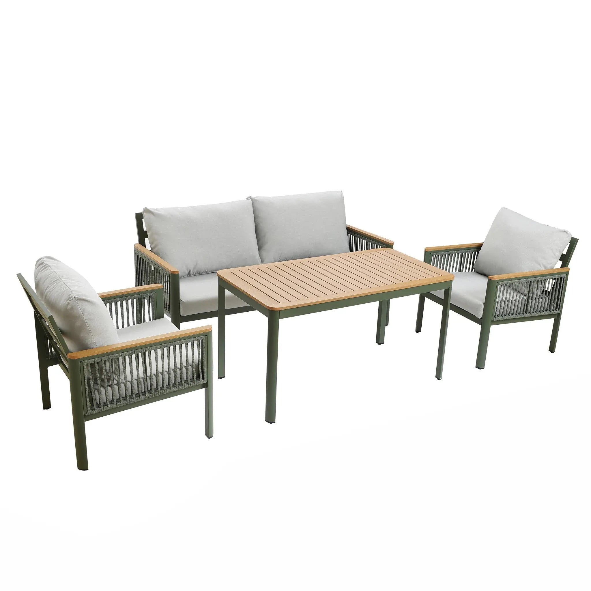 Outdoor patio furniture set with a wooden table, two armchairs, and an outdoor loveseat sofa. The chairs and loveseat have plush light gray cushions and greenish frames made from durable aluminum alloy, ensuring long-lasting enjoyment in your backyard oasis.