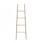 A rustic blanket ladder with five rungs stands vertically against a white background, serving as an elegant home decor accessory.
