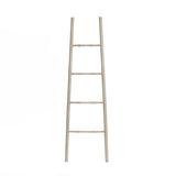 A rustic blanket ladder with five rungs stands vertically against a white background, serving as an elegant home decor accessory.