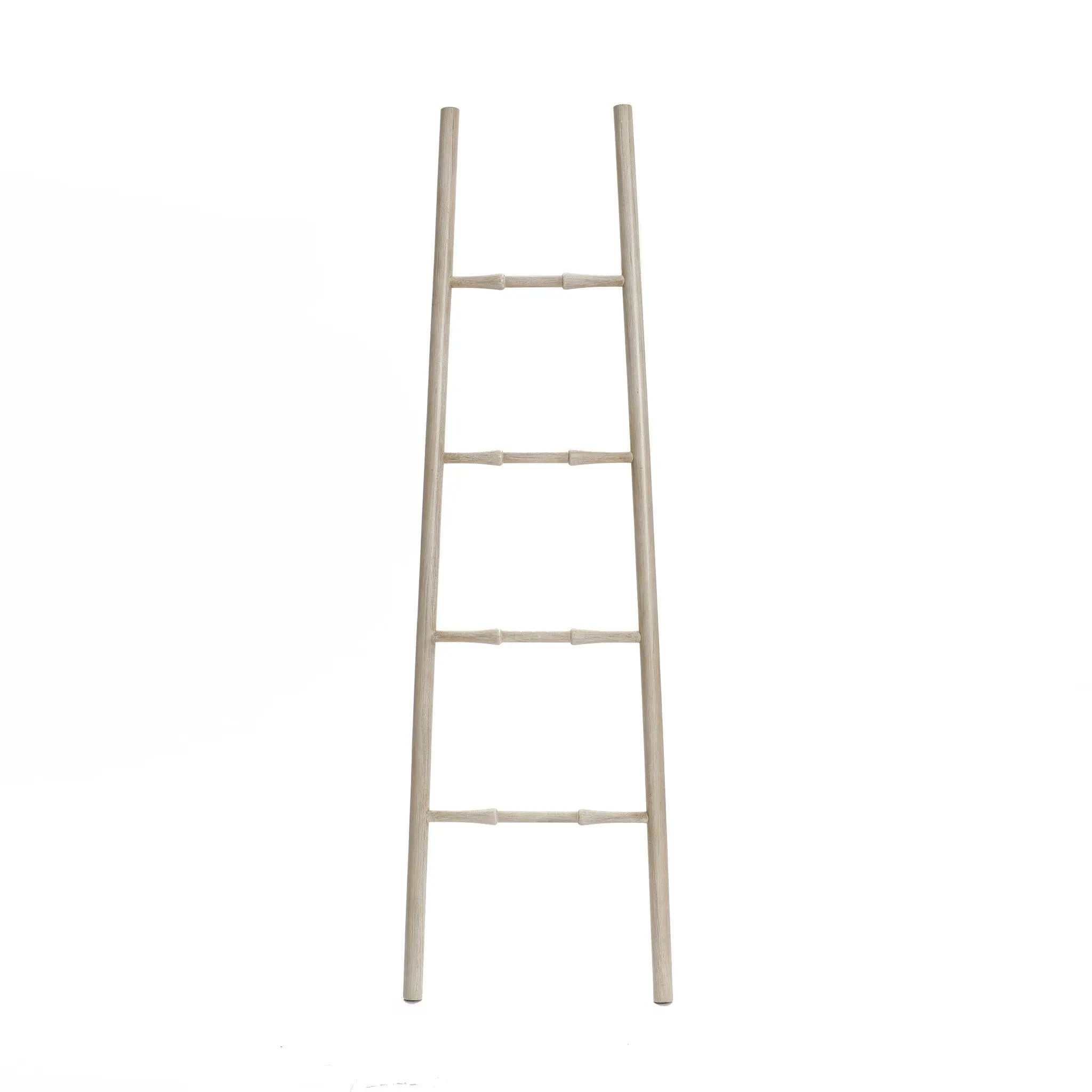 A rustic blanket ladder with five rungs stands vertically against a white background, serving as an elegant home decor accessory.