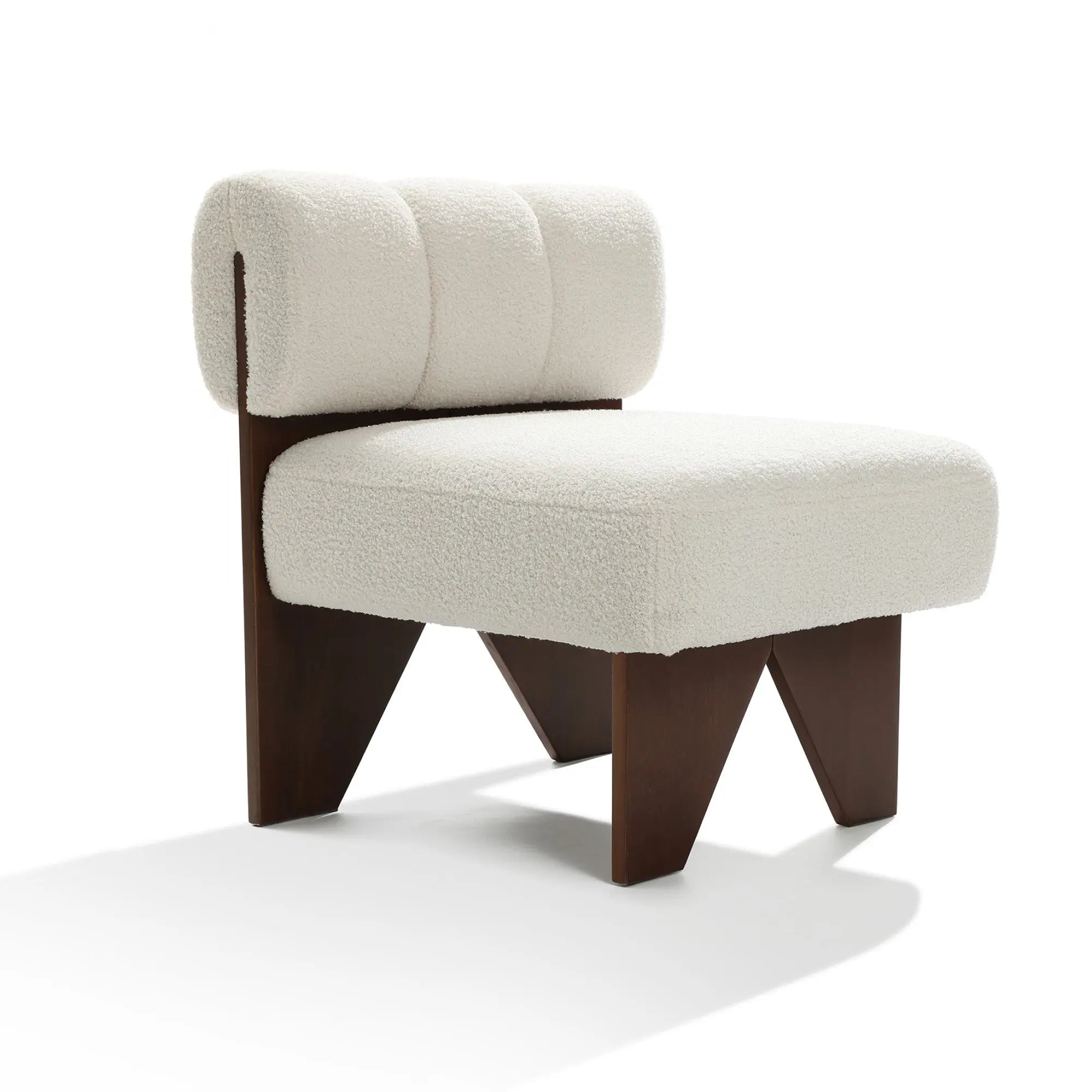 The Lorenzo boucle upholstered wood frame armless accent chair by LuxenHome features a plush white textured seat and backrest with a geometric dark wood base and triangular legs, blending minimalist design with mid-century allure against a plain white background.