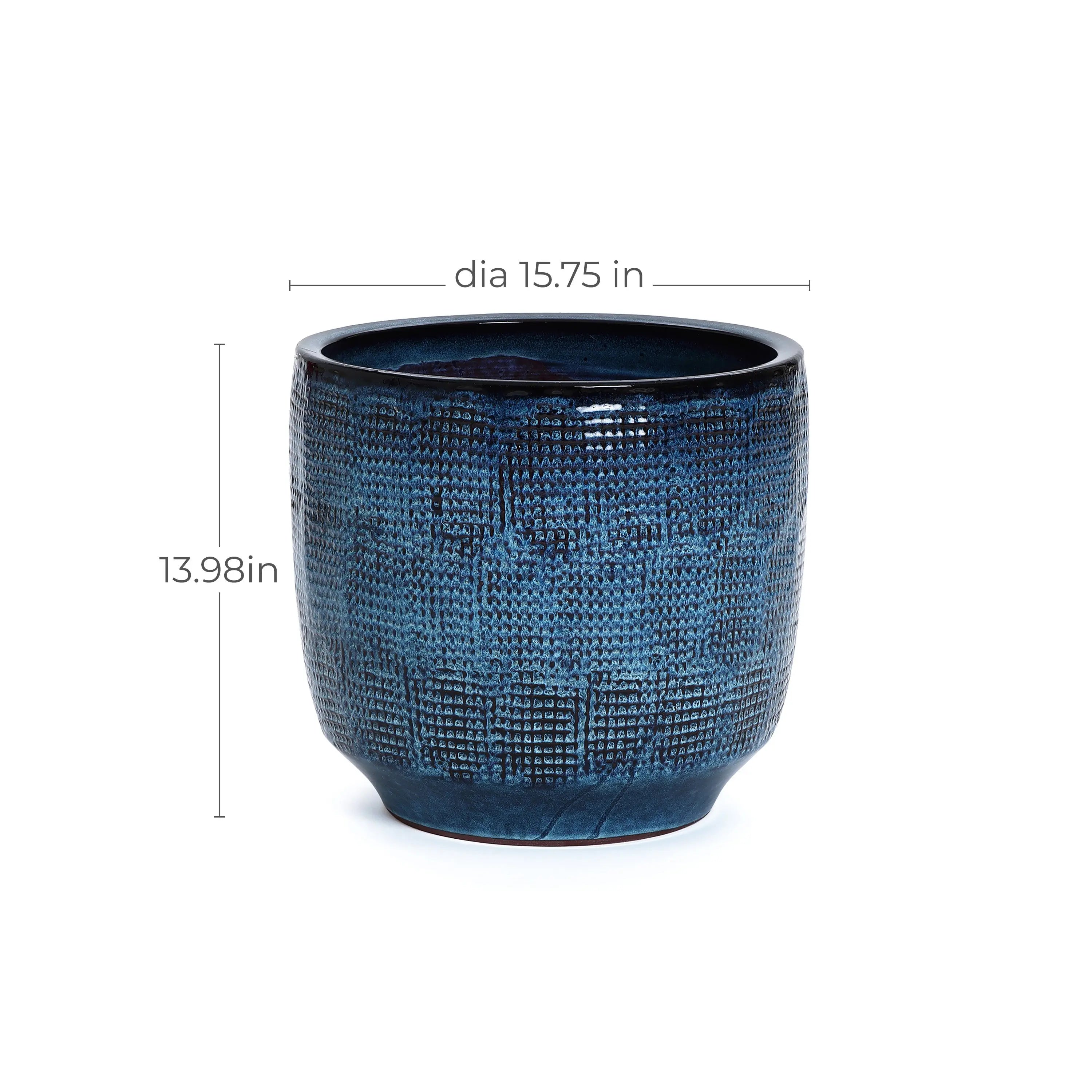 The LuxenHome Ocean blue glazed round ceramic planter, measuring 15.75 in diameter and 13.98 in height, features a blue textured finish with a gradient color that adds depth and elegance to any space.