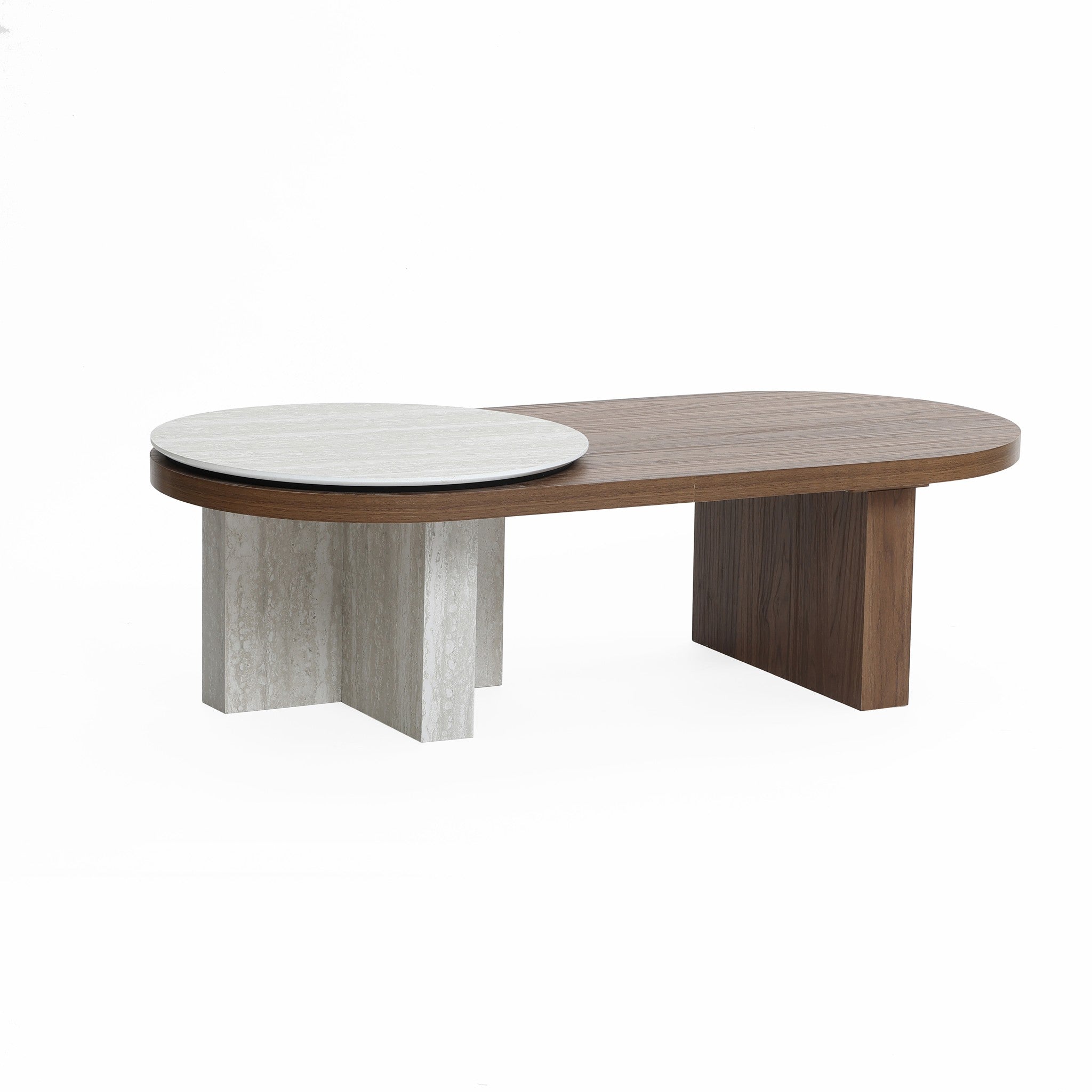 Travertine-style and walnut finish wood coffee table - LuxenHome