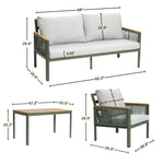 This outdoor furniture set features a cozy loveseat sofa, chair, and table, all crafted with a durable aluminum alloy frame. The plush cushions ensure comfort while you relax. Sofa dimensions: 59x29.9x28.9; Chair: 28.9x26.6x29.9; Table: 47.2x24x25.2.