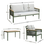 This outdoor furniture set features a cozy loveseat sofa, chair, and table, all crafted with a durable aluminum alloy frame. The plush cushions ensure comfort while you relax. Sofa dimensions: 59x29.9x28.9; Chair: 28.9x26.6x29.9; Table: 47.2x24x25.2.