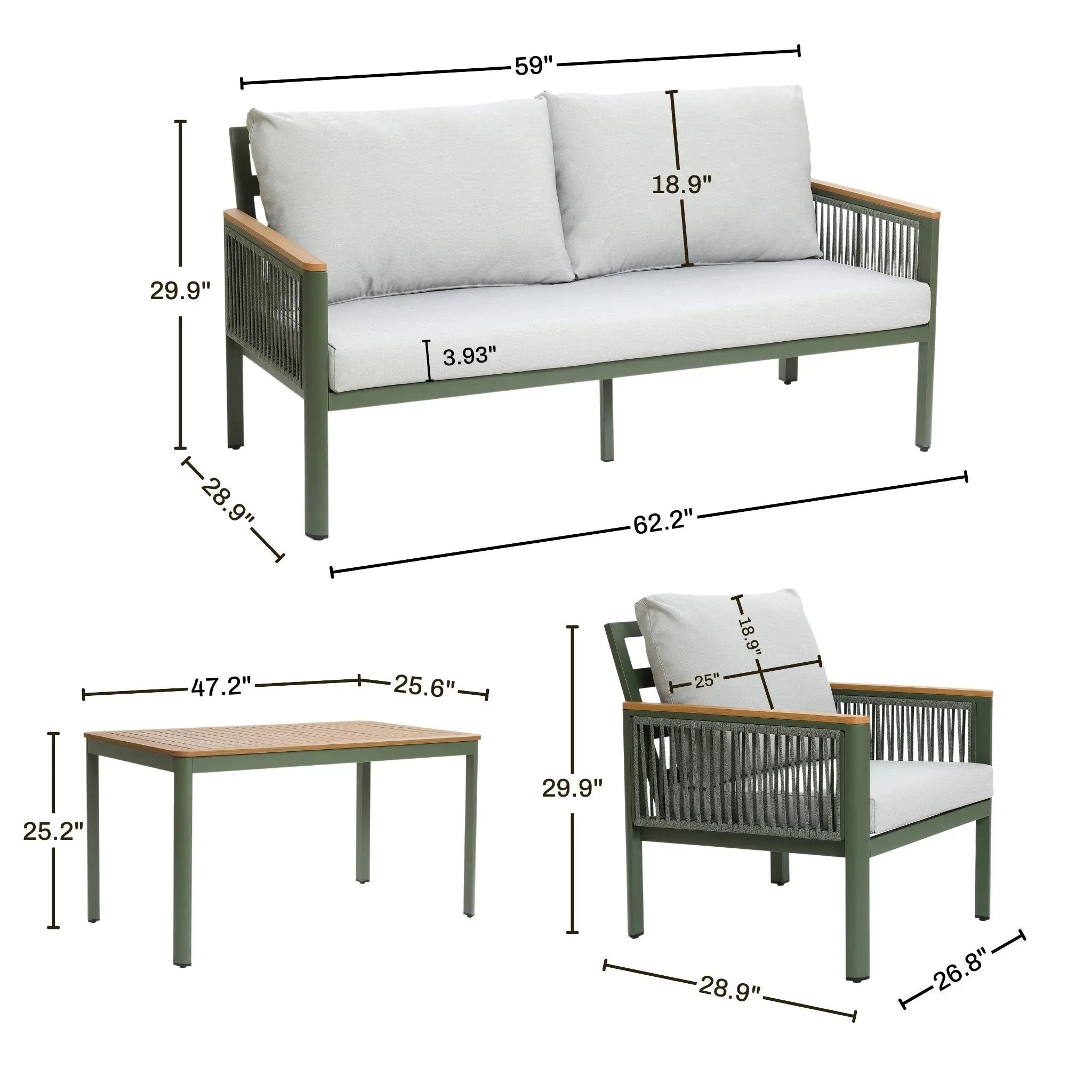 This outdoor furniture set features a cozy loveseat sofa, chair, and table, all crafted with a durable aluminum alloy frame. The plush cushions ensure comfort while you relax. Sofa dimensions: 59x29.9x28.9; Chair: 28.9x26.6x29.9; Table: 47.2x24x25.2.