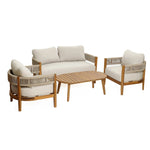 A set of club-style patio furniture featuring an outdoor acacia wood coffee table, a three-seat sofa, and two armchairs with beige cushions—all elegantly arranged on a white background.